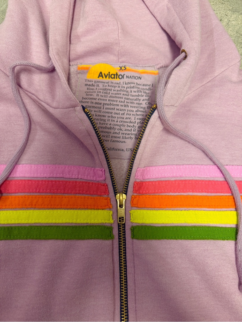 Aviator Nation Mauve Pink Green 5 Stripe Zip Up Hoodie Sweatshirt XS - Picture 3 of 5
